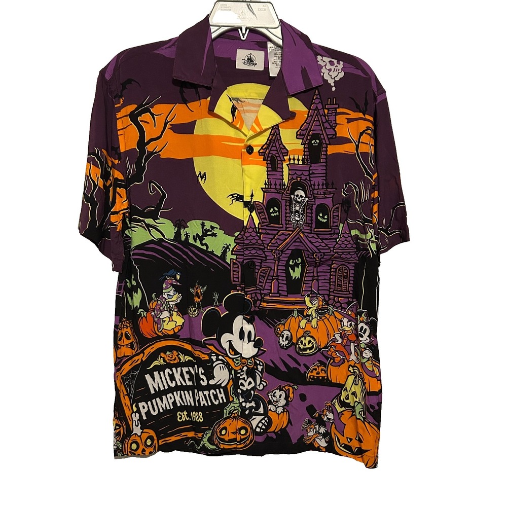 Disney Halloween Mickey Mouse Button Up Shirt All Over Print Pumpkin (XS) Purple